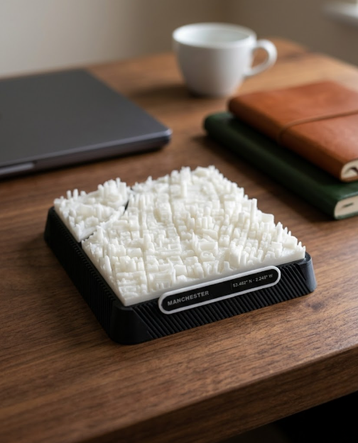 Manchester Central Retail District 3D printed city map · 9×9cm relief model · 53.482° N · 2.245° W