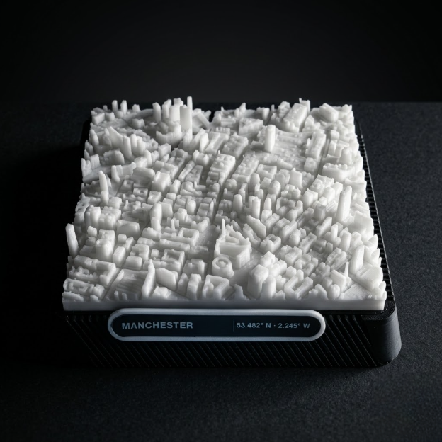 Manchester Central Retail District 3D printed city map · 9×9cm relief model · 53.482° N · 2.245° W