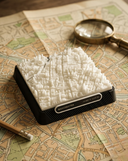 Manchester Central Retail District 3D printed city map · 9×9cm relief model · 53.482° N · 2.245° W