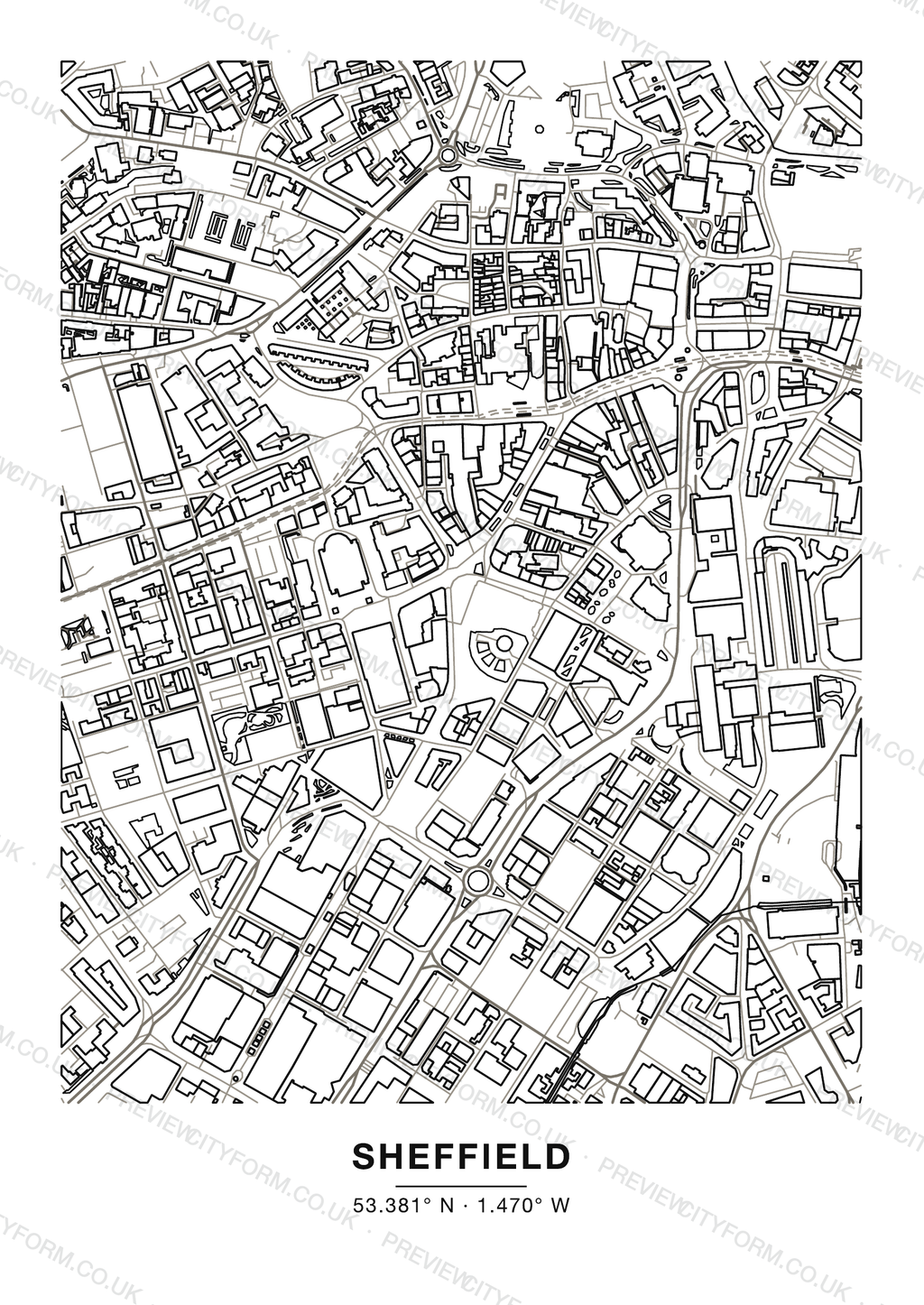 Blank Sheffield colour-in map — clean black outlines of Sheffield streets and buildings on white, the print you receive ready to colour