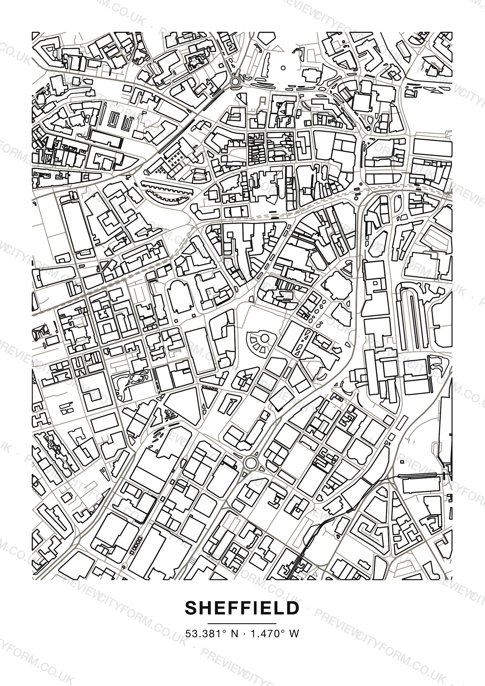 Blank Sheffield colour-in map — clean black outlines of Sheffield streets and buildings on white, the print you receive ready to colour