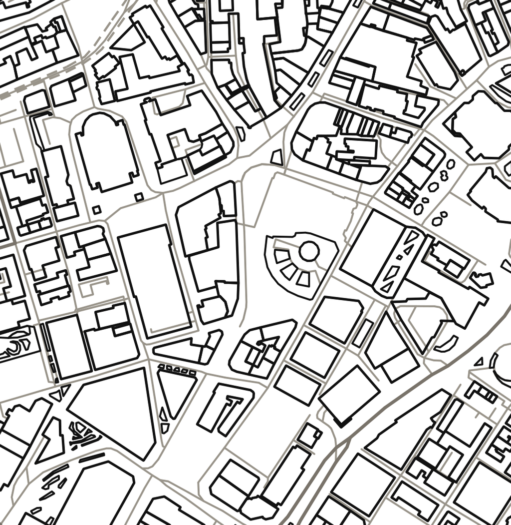 Close-up detail of the Sheffield colour-in map outline, showing real building footprints and junctions to colour inside