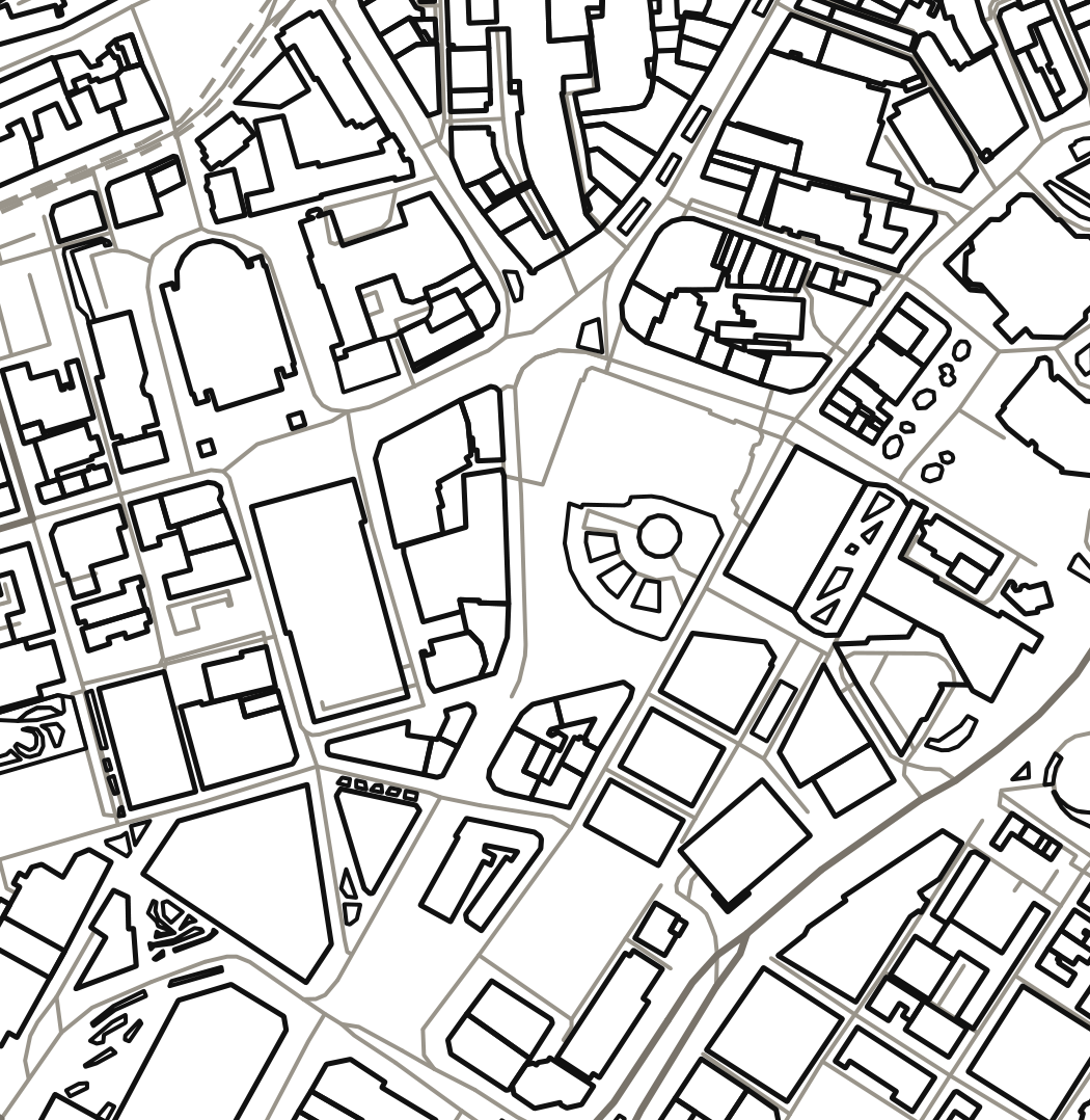 Close-up detail of the Sheffield colour-in map outline, showing real building footprints and junctions to colour inside
