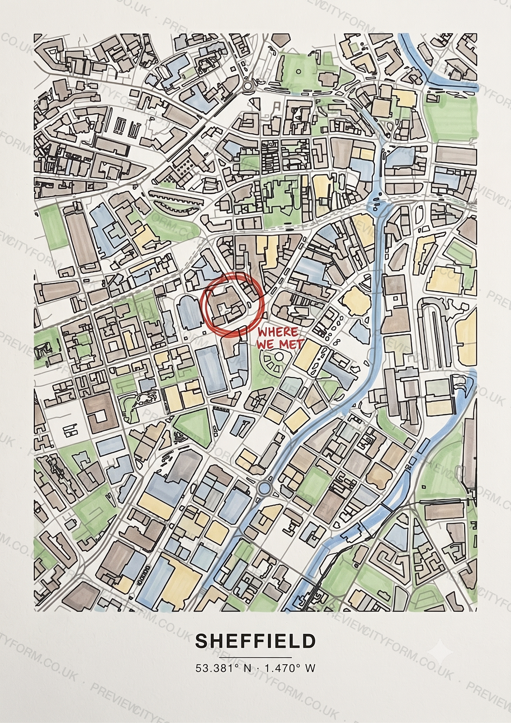 The Sheffield colour-in map finished in felt-tip marker — a bold way to colour the real street outline