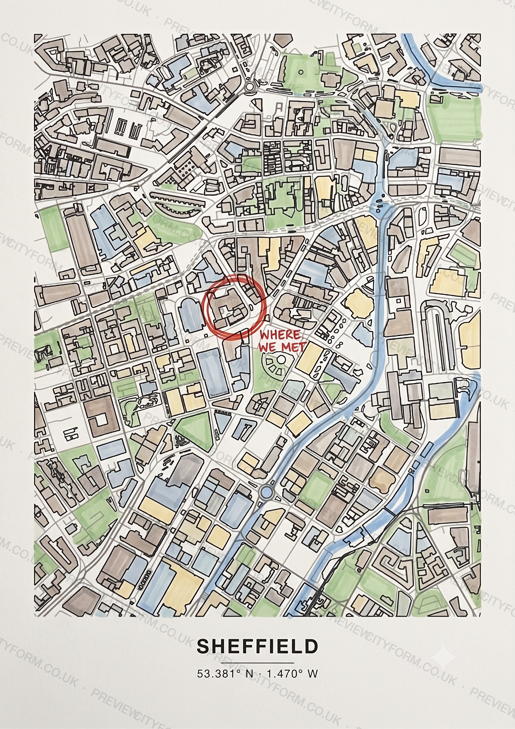 The Sheffield colour-in map finished in felt-tip marker — a bold way to colour the real street outline