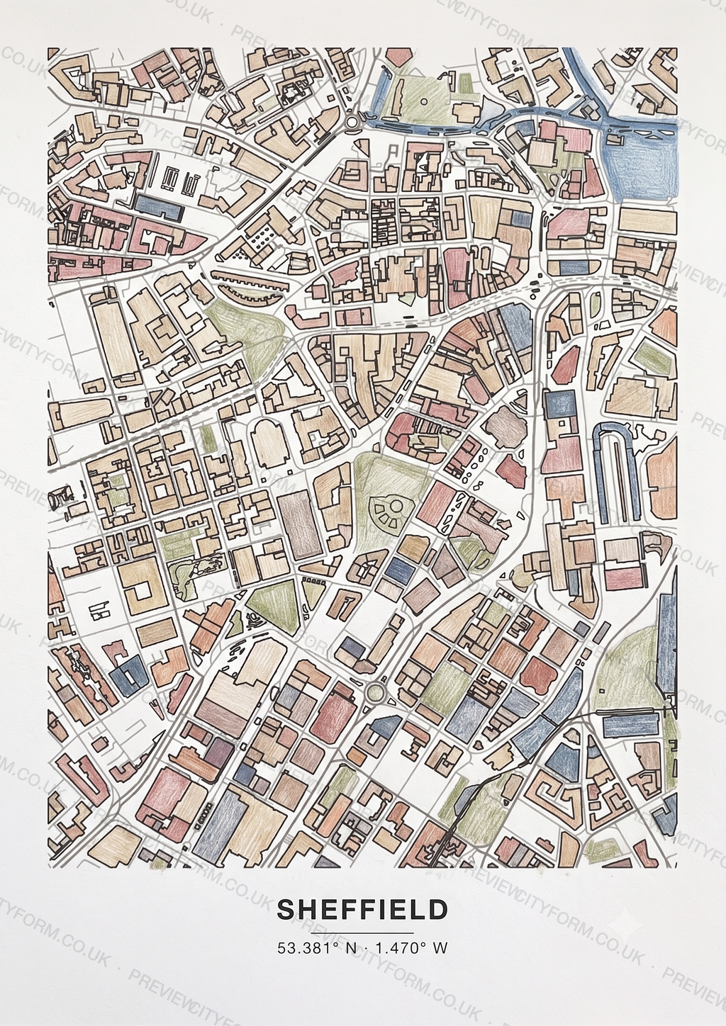 The Sheffield colour-in map finished in coloured pencil — a soft layered way to colour the real street outline