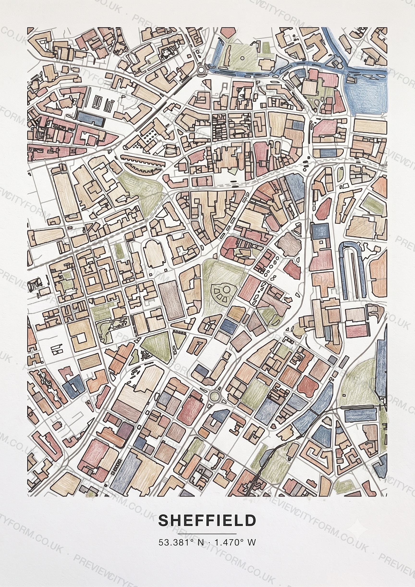 The Sheffield colour-in map finished in coloured pencil — a soft layered way to colour the real street outline