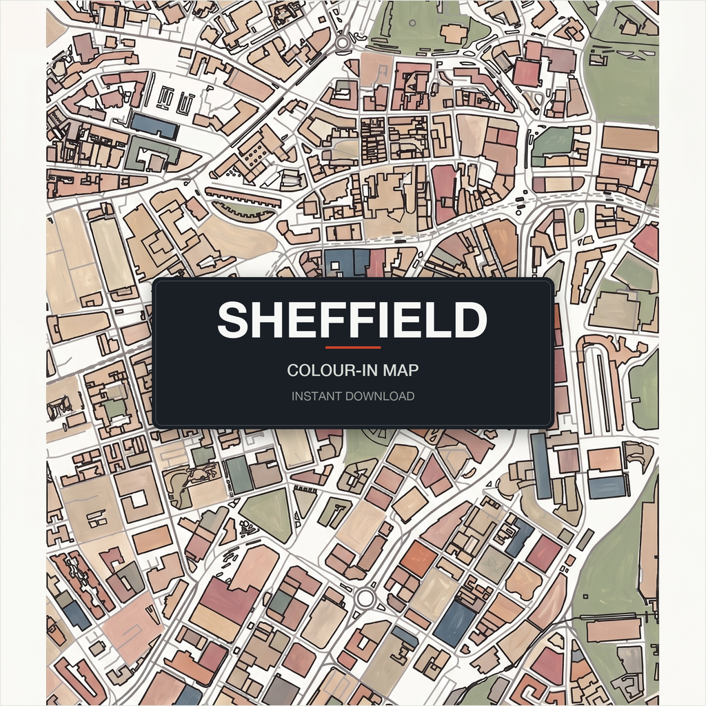 A finished, coloured-in Sheffield city map print — real streets and building outlines of Sheffield centre, filled by hand
