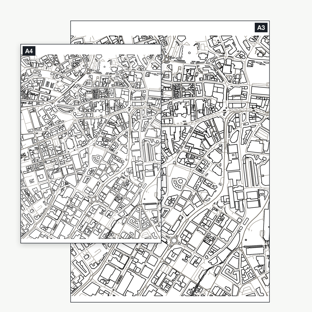 The Sheffield colour-in map shown at A4 and A3 — the same real city-centre map, a full kilometre across, printable at either size