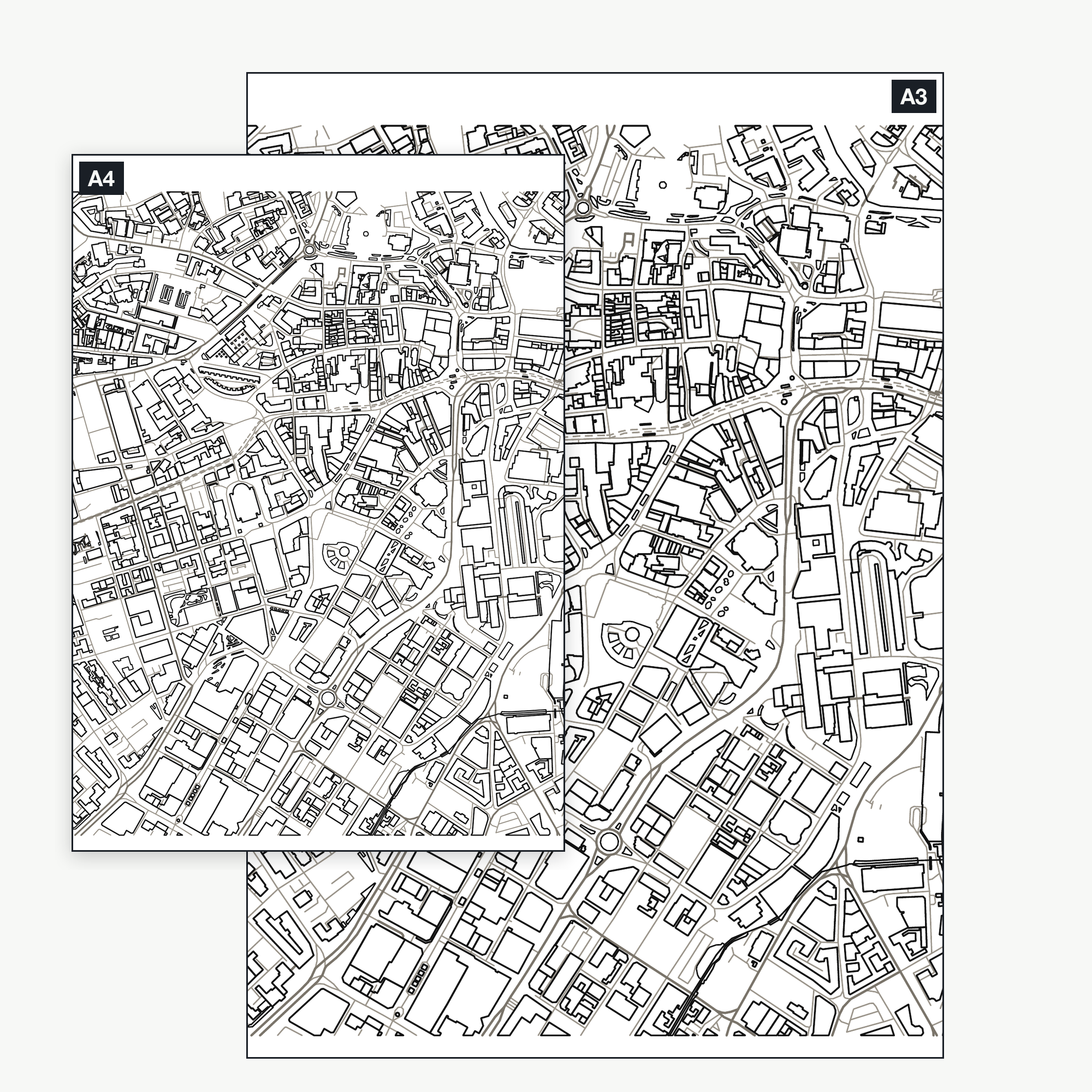 The Sheffield colour-in map shown at A4 and A3 — the same real city-centre map, a full kilometre across, printable at either size