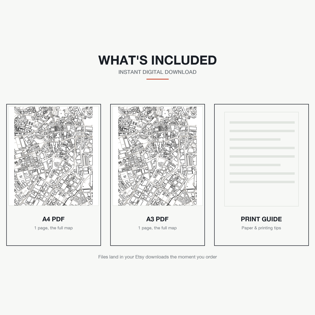 What's included — an A4 PDF, an A3 PDF and a print guide, instant download, a real colour-in map of Sheffield