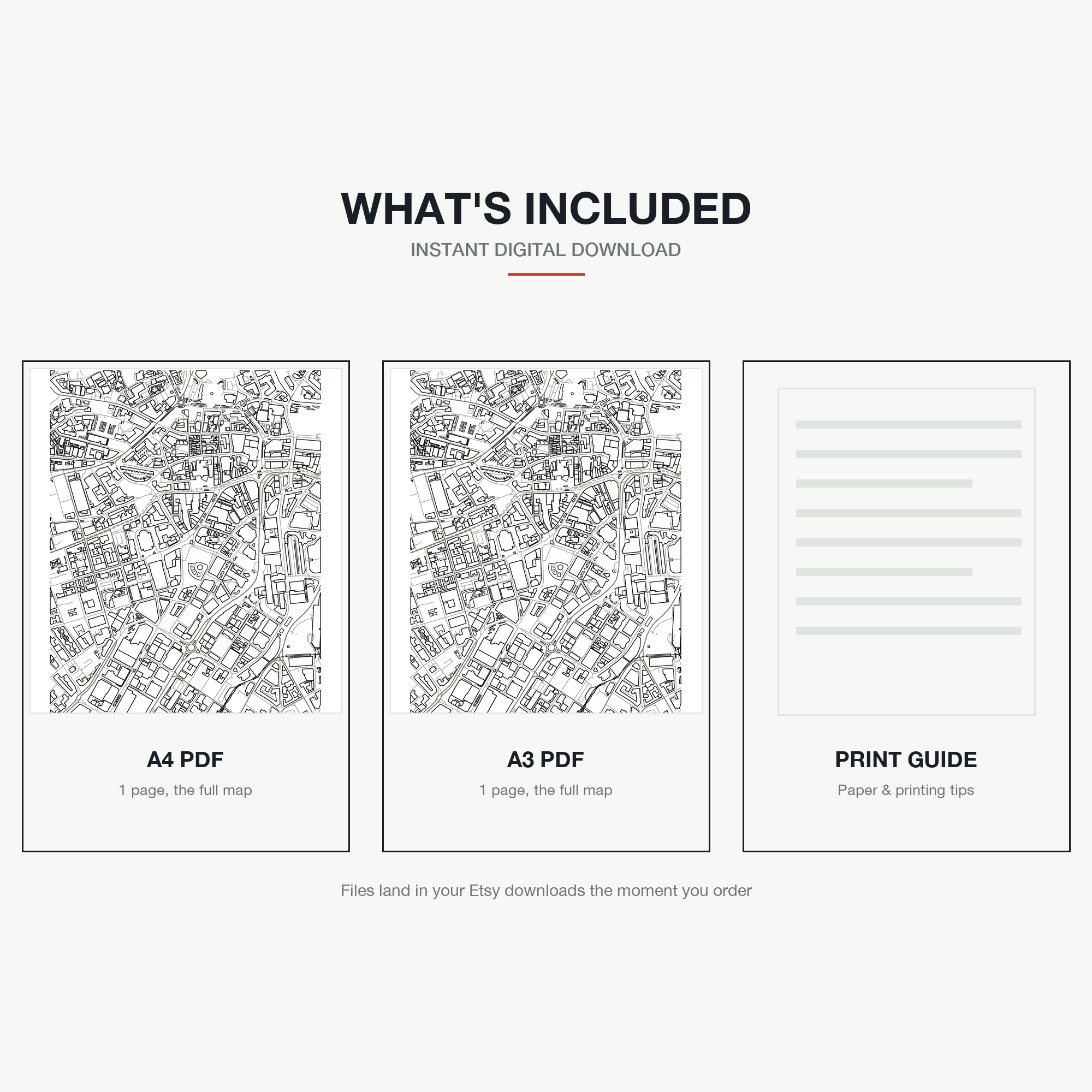 What's included — an A4 PDF, an A3 PDF and a print guide, instant download, a real colour-in map of Sheffield