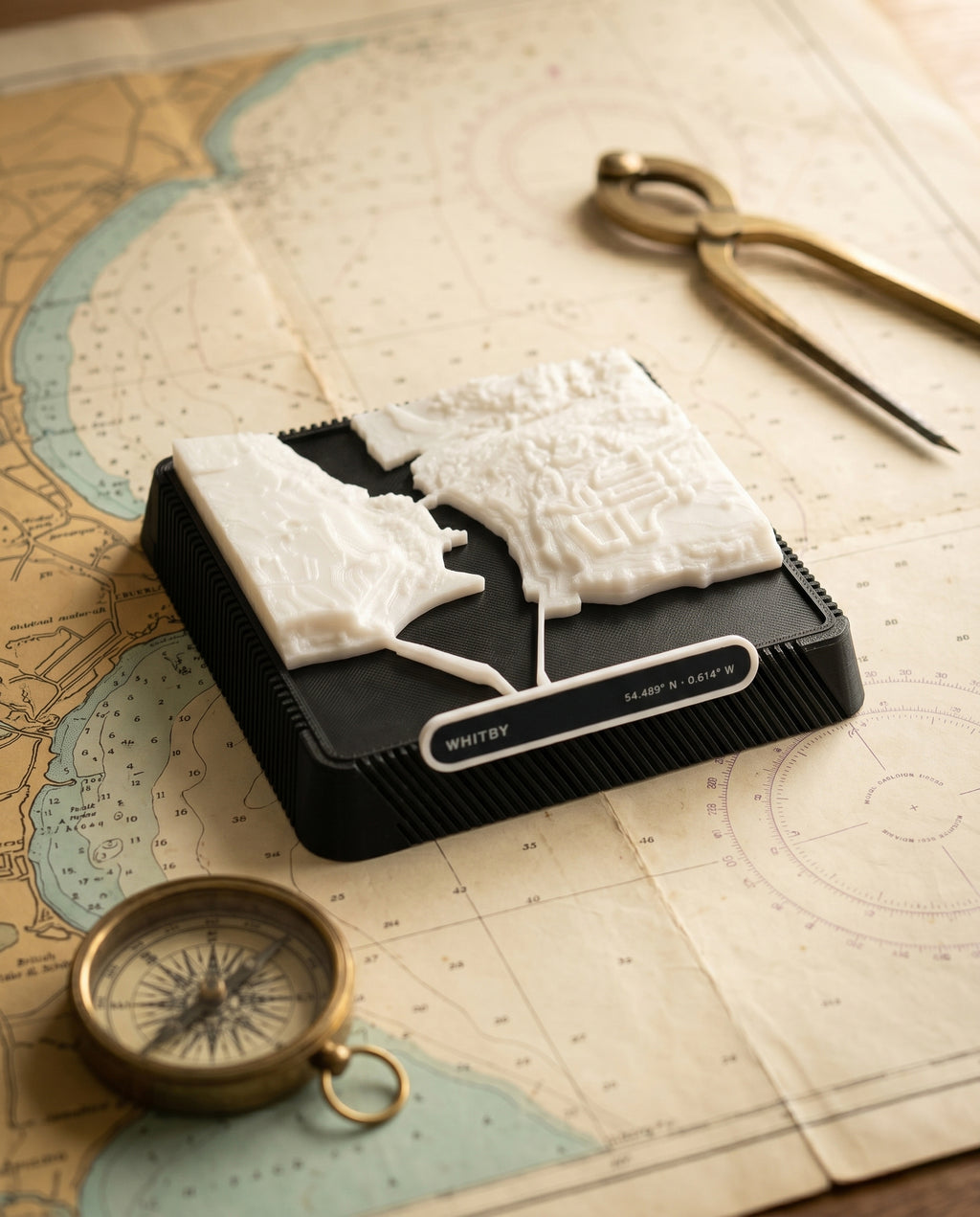 Whitby town centre and harbour 3D printed city map · 9×9cm relief model · 54.489° N · 0.614° W