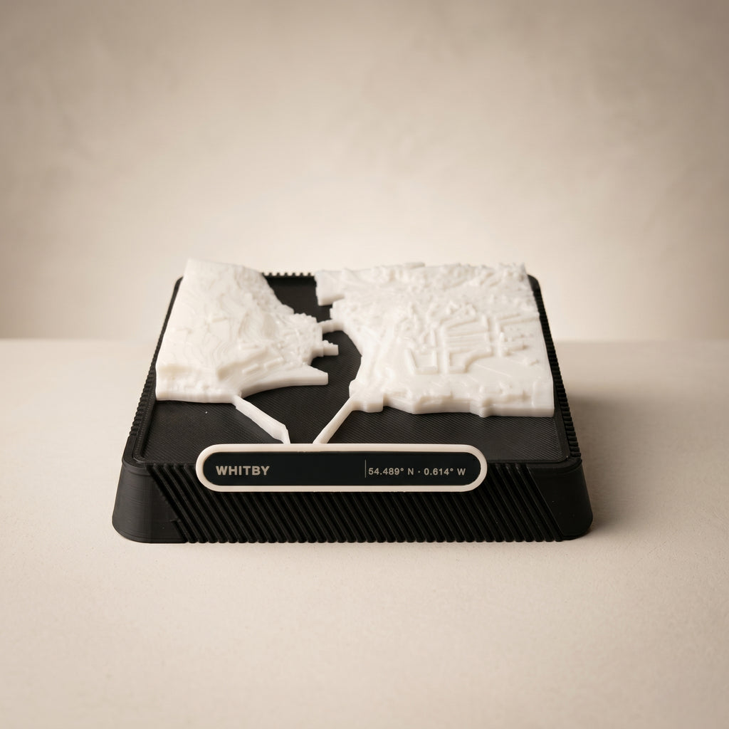 Whitby town centre and harbour 3D printed city map · 9×9cm relief model · 54.489° N · 0.614° W