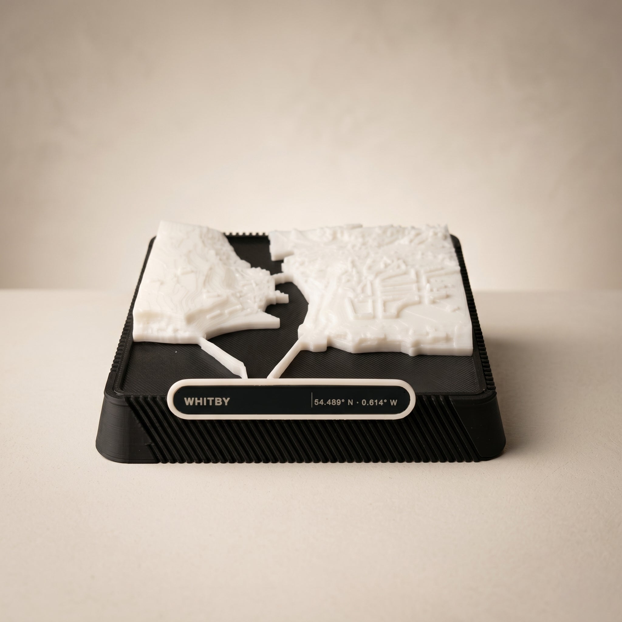 Whitby town centre and harbour 3D printed city map · 9×9cm relief model · 54.489° N · 0.614° W