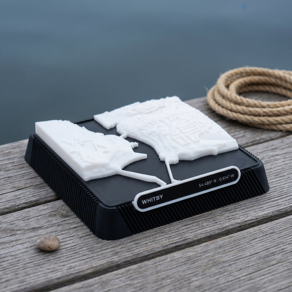 Whitby town centre and harbour 3D printed city map · 9×9cm relief model · 54.489° N · 0.614° W