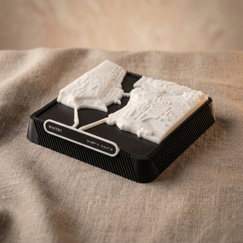 Whitby town centre and harbour 3D printed city map · 9×9cm relief model · 54.489° N · 0.614° W