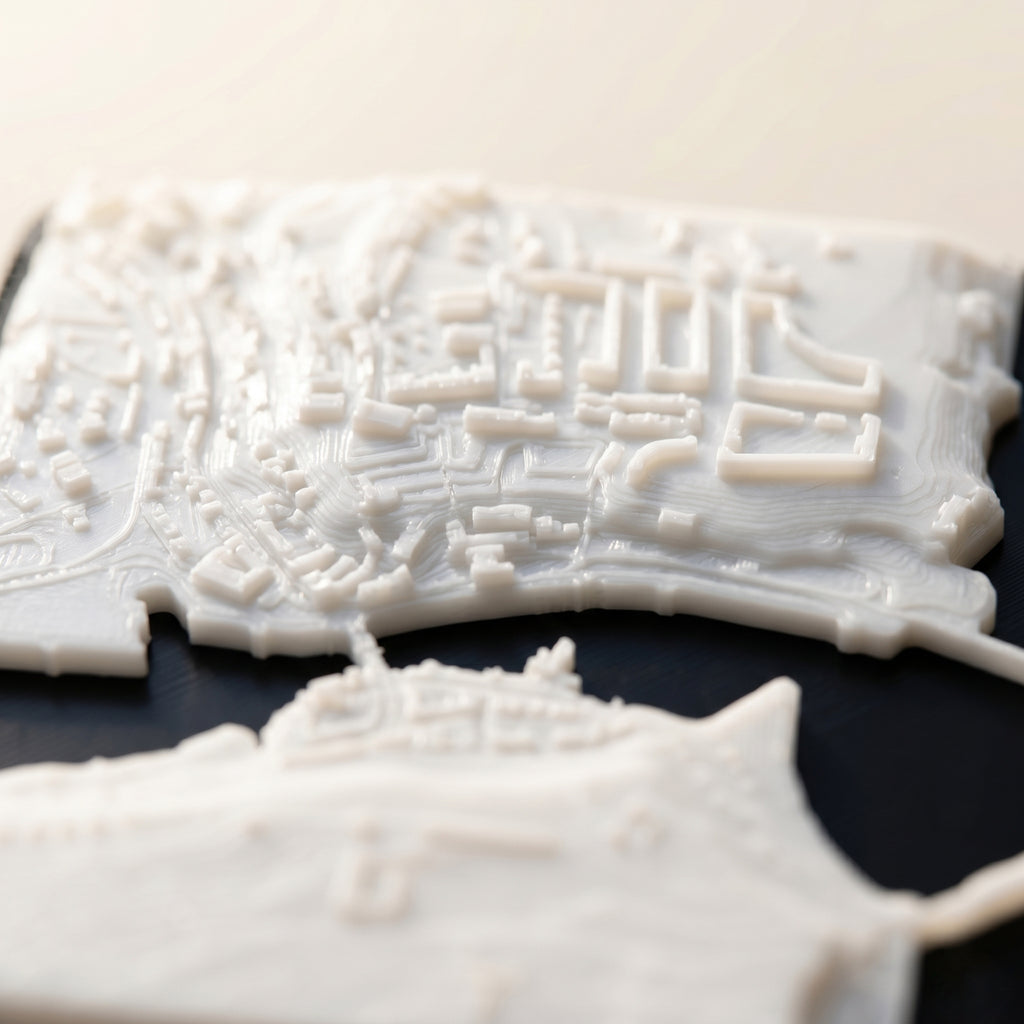 Whitby town centre and harbour 3D printed city map · 9×9cm relief model · 54.489° N · 0.614° W