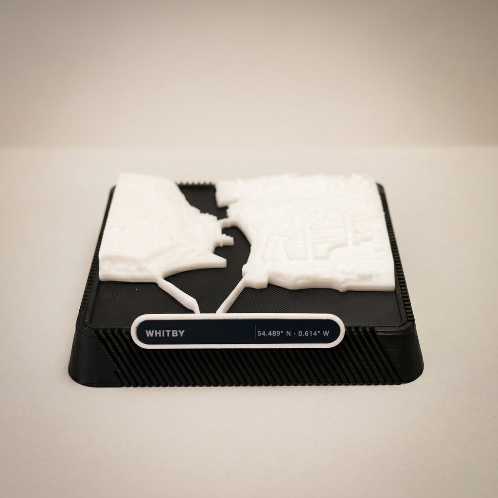 Whitby town centre and harbour 3D printed city map · 9×9cm relief model · 54.489° N · 0.614° W