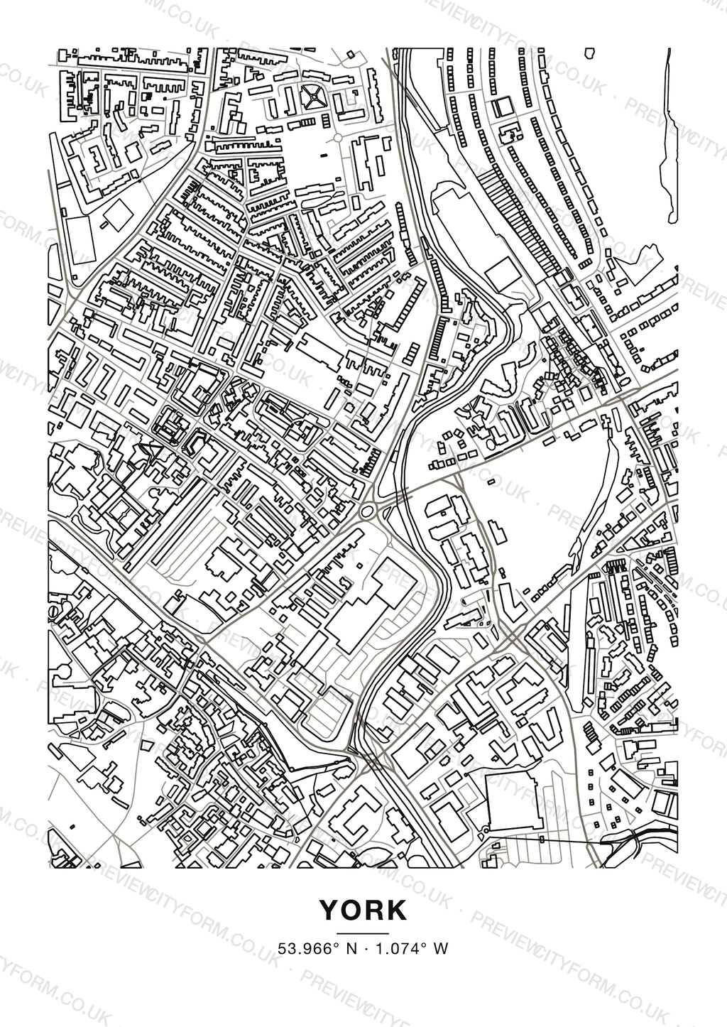 Blank York colour-in map — clean black outlines of York streets and buildings on white, the print you receive ready to colour