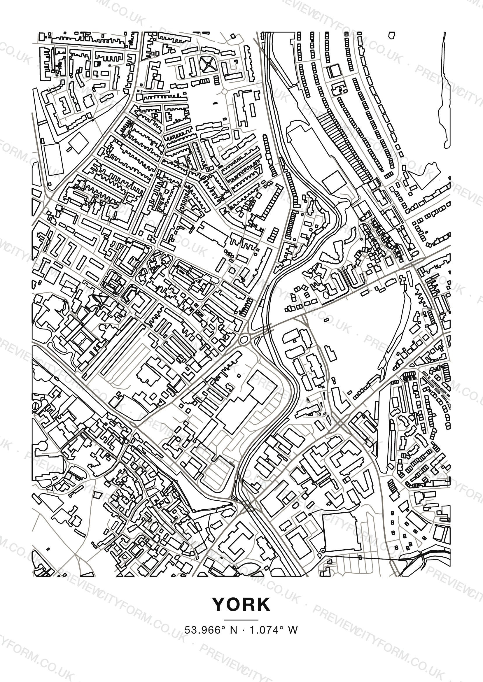 Blank York colour-in map — clean black outlines of York streets and buildings on white, the print you receive ready to colour