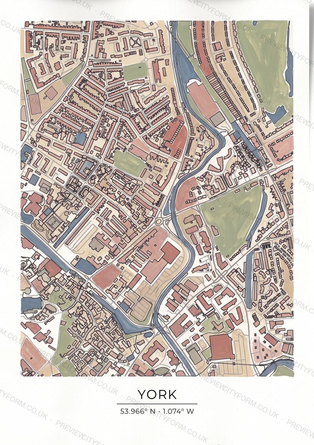 The York colour-in map finished in soft gouache paint — one way to colour the real street outline