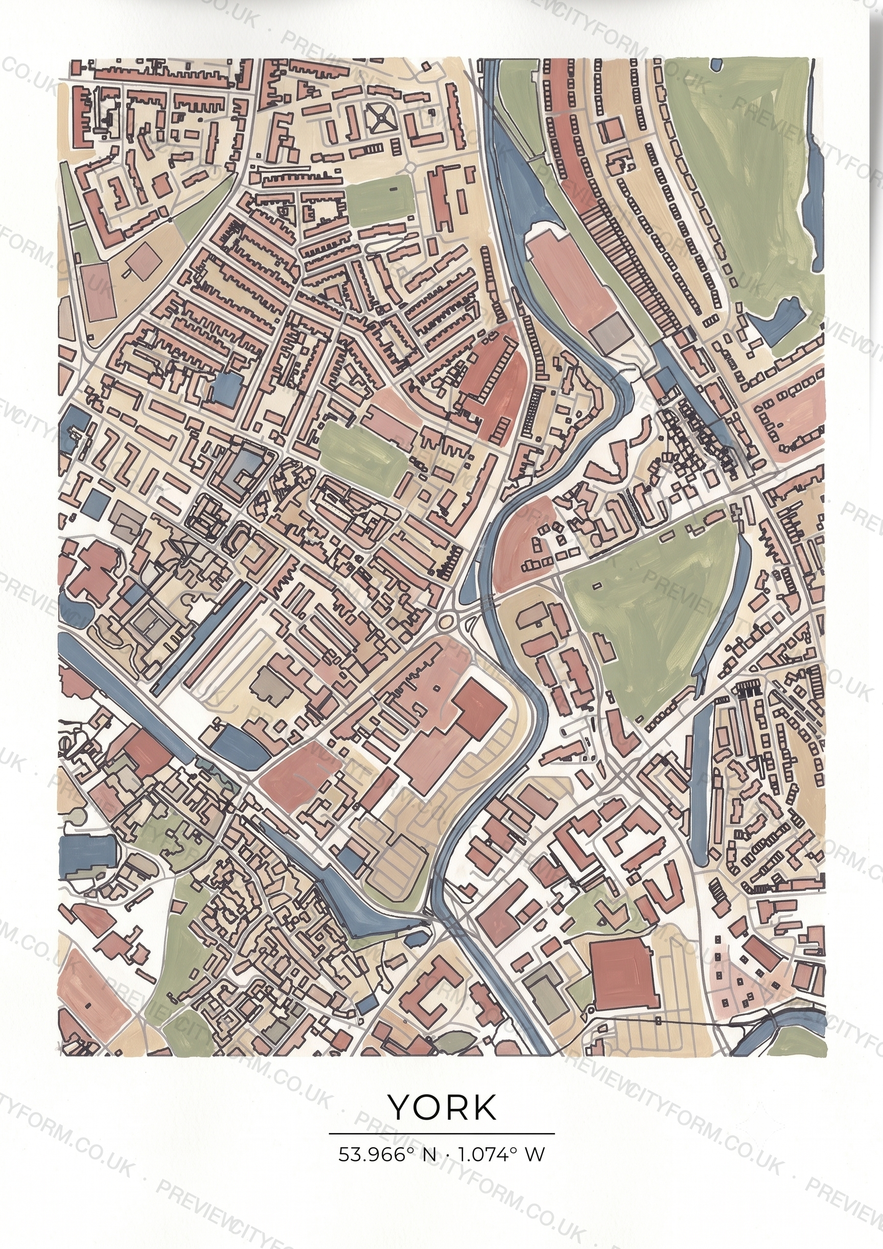 The York colour-in map finished in soft gouache paint — one way to colour the real street outline