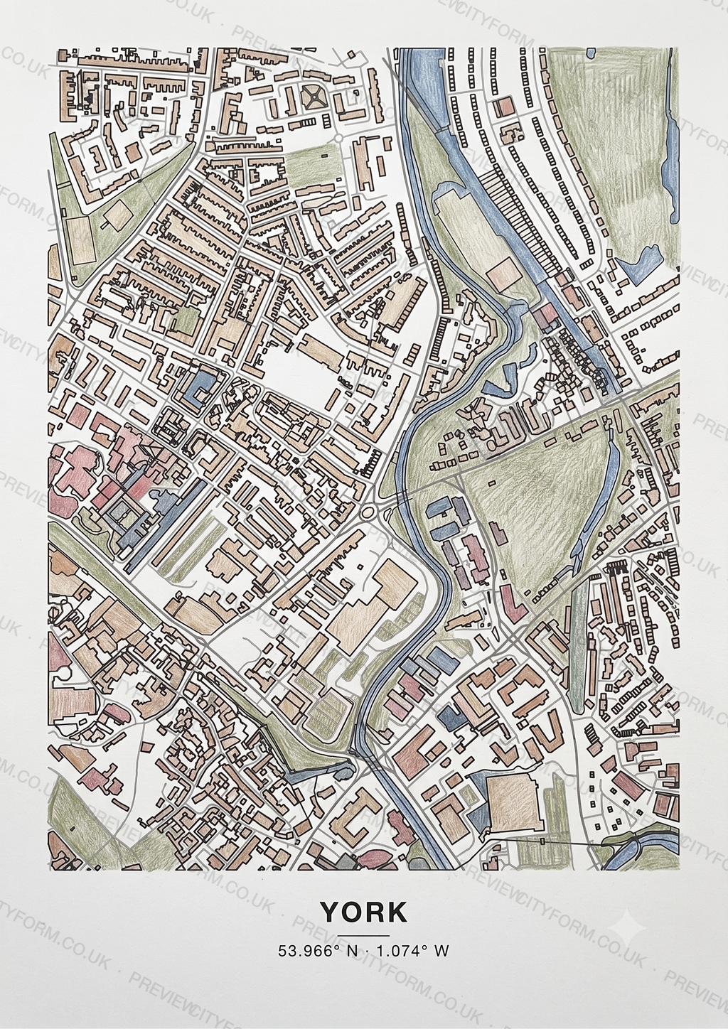 The York colour-in map finished in coloured pencil — a soft layered way to colour the real street outline