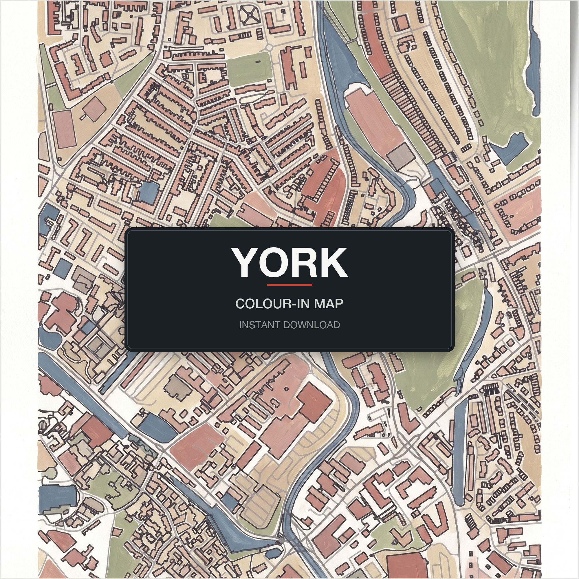 A finished, coloured-in York city map print — real streets and building outlines of York centre, filled by hand