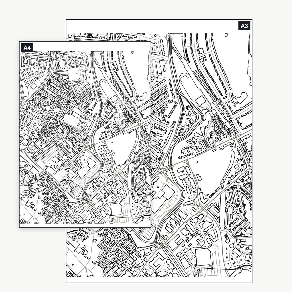 The York colour-in map shown at A4 and A3 — the same real city-centre map, a full kilometre across, printable at either size