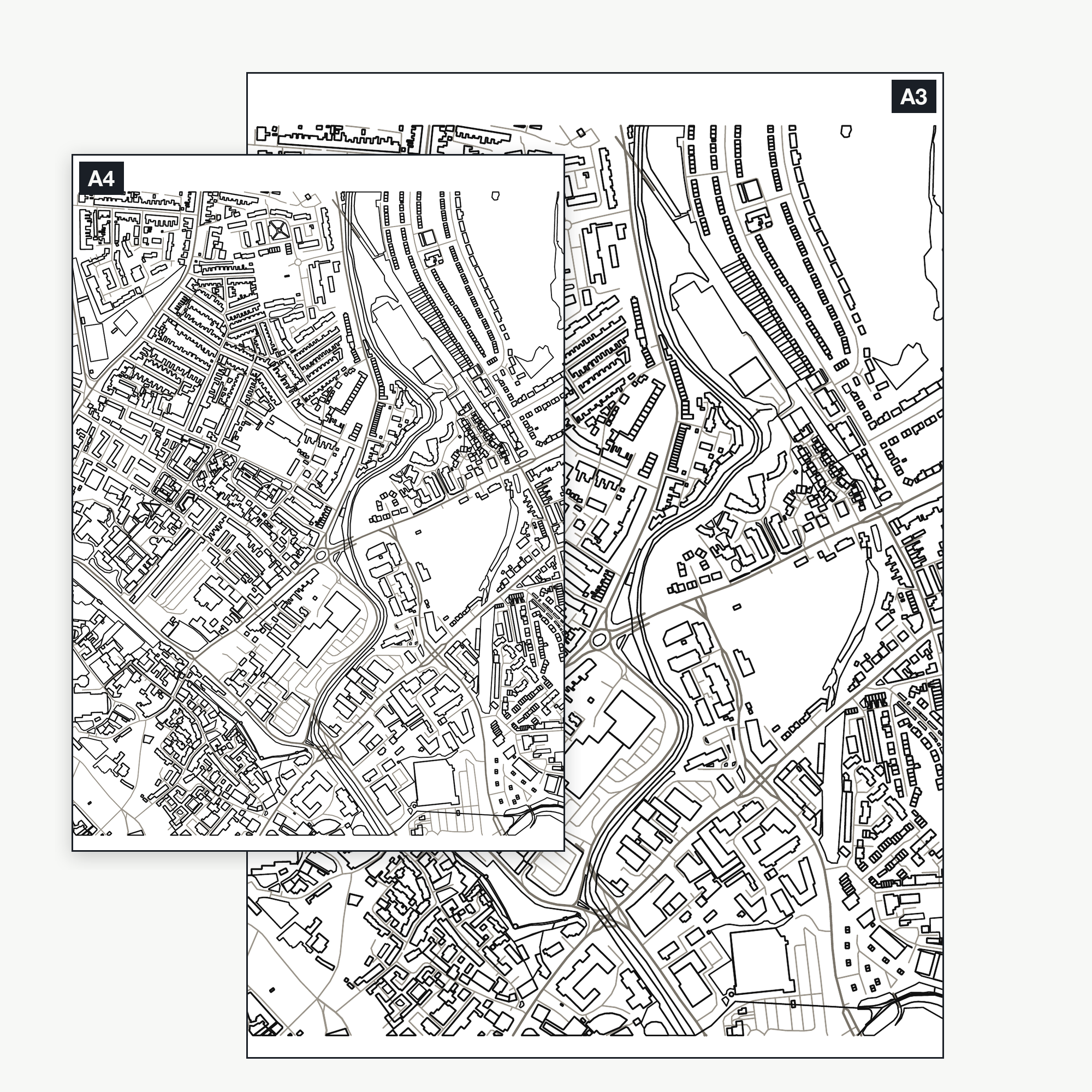 The York colour-in map shown at A4 and A3 — the same real city-centre map, a full kilometre across, printable at either size
