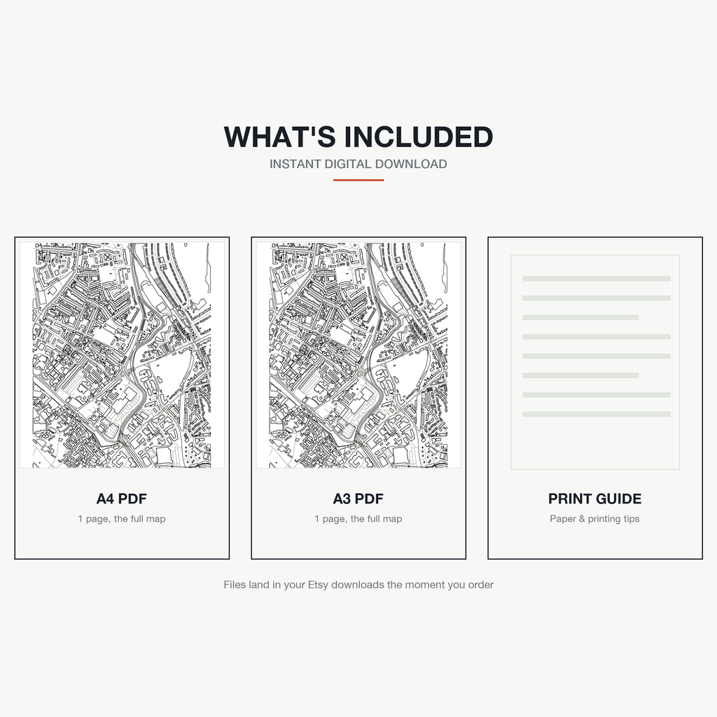What's included — an A4 PDF, an A3 PDF and a print guide, instant download, a real colour-in map of York