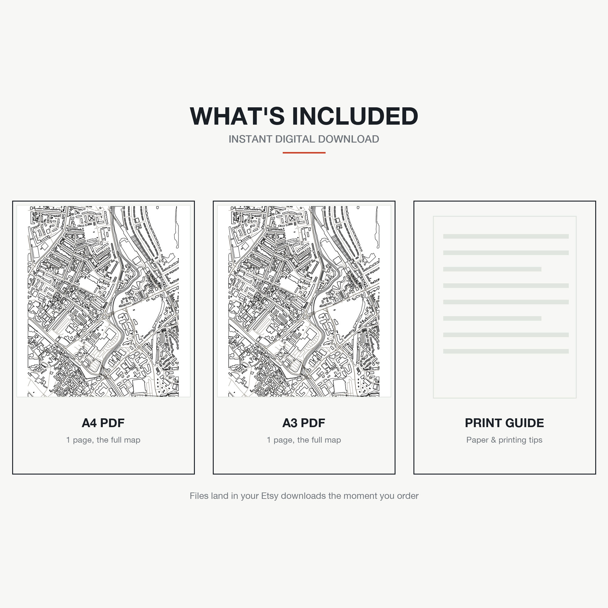 What's included — an A4 PDF, an A3 PDF and a print guide, instant download, a real colour-in map of York