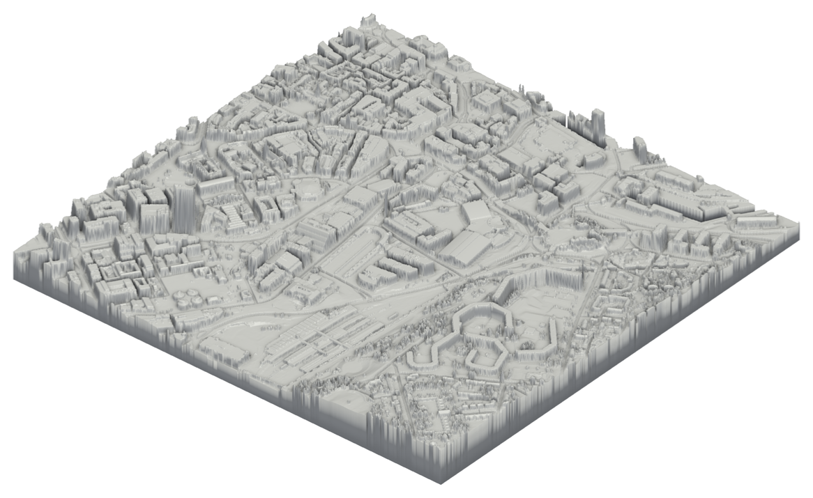 The same square kilometre of Sheffield built as a Cityform model on Environment Agency LIDAR terrain, the streets and blocks rising and falling with the measured ground.