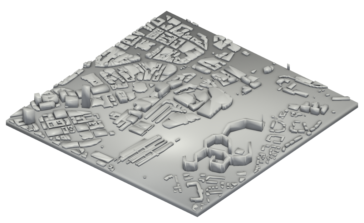 The same square kilometre as flat OpenStreetMap building footprints extruded to tagged heights on a level base.
