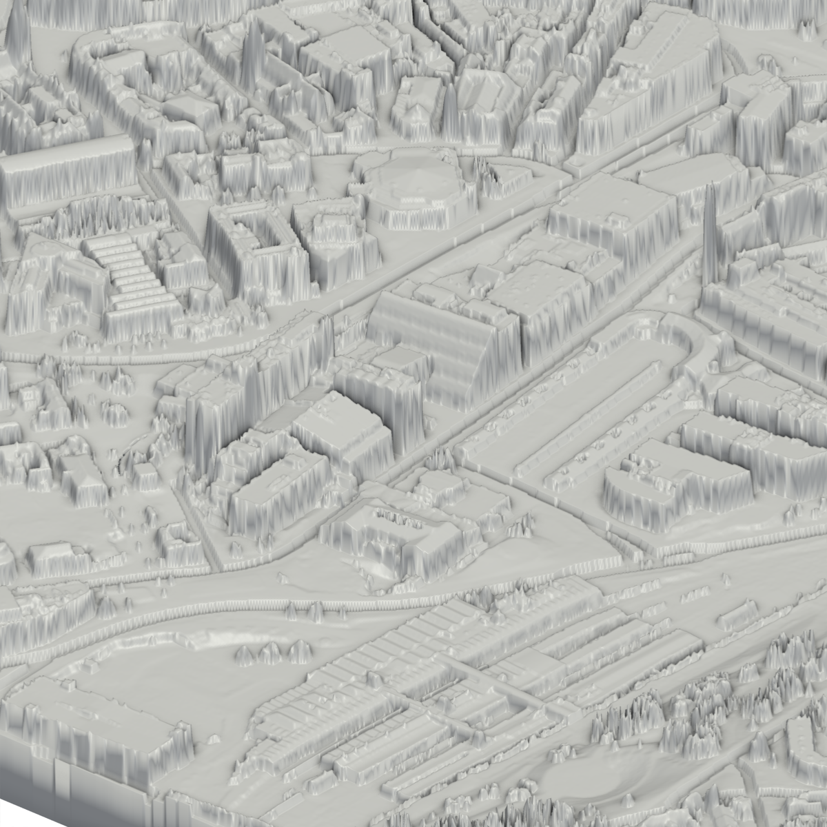 A Sheffield street grid as a Cityform model: the roads sit as shallow grooves engraved into the relief, on measured terrain.