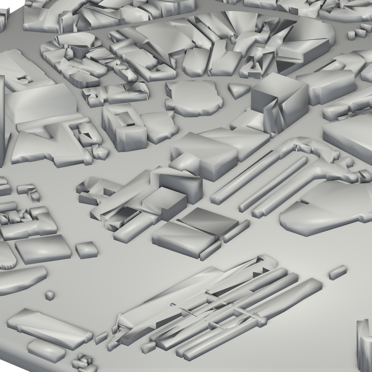 The same street grid as OpenStreetMap building blocks on a flat base, with no engraved roads or terrain.