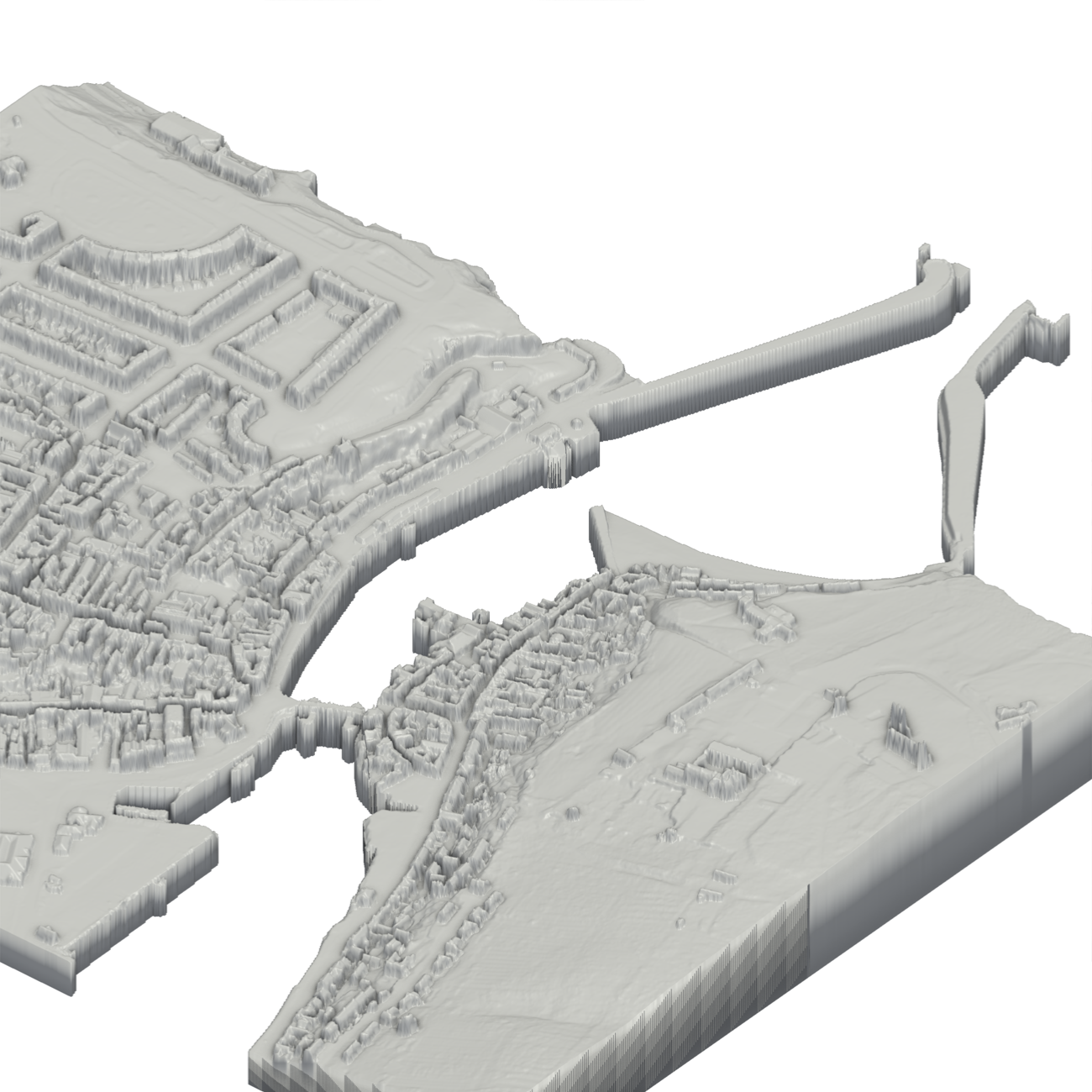 Whitby harbour as a Cityform model: the River Esk, harbour and sea are cut hollow below the land, with the two piers reaching out.