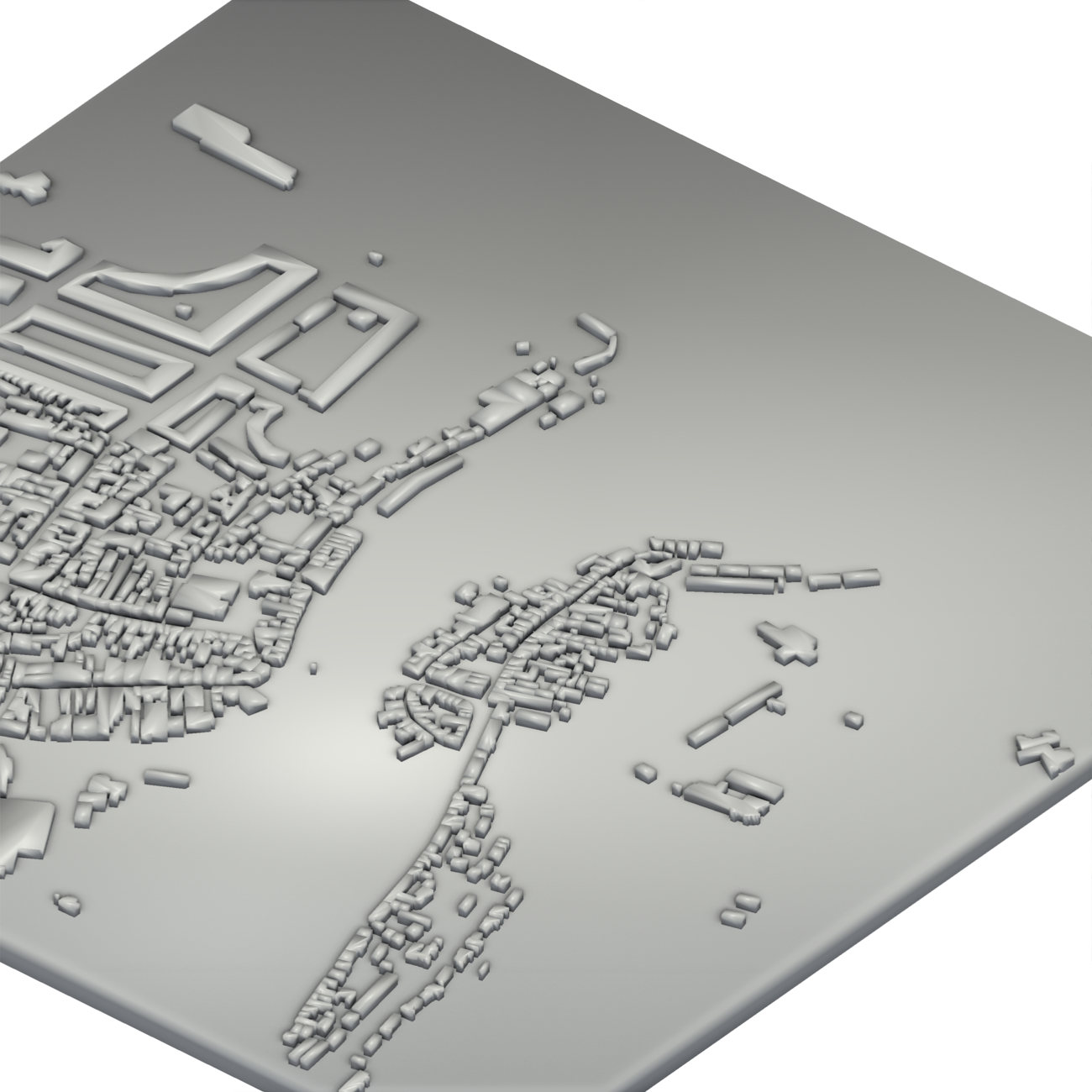 The same view as OpenStreetMap building blocks on a flat base, with the water filled flat and no piers.