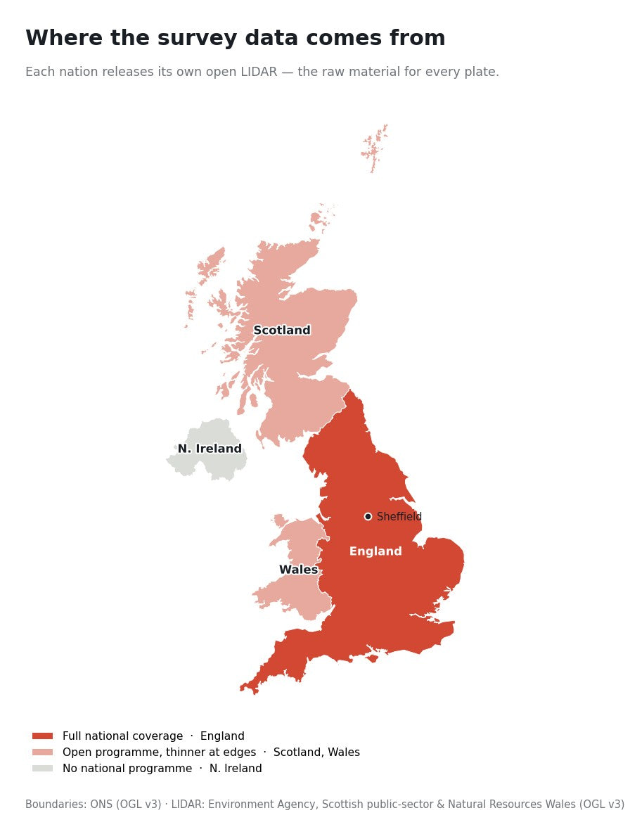 A map of the United Kingdom shaded by LIDAR coverage. England is full national coverage from the Environment Agency; Scotland and Wales have open programmes that thin toward their edges; Northern Ireland has no national programme. Sheffield is marked in England.